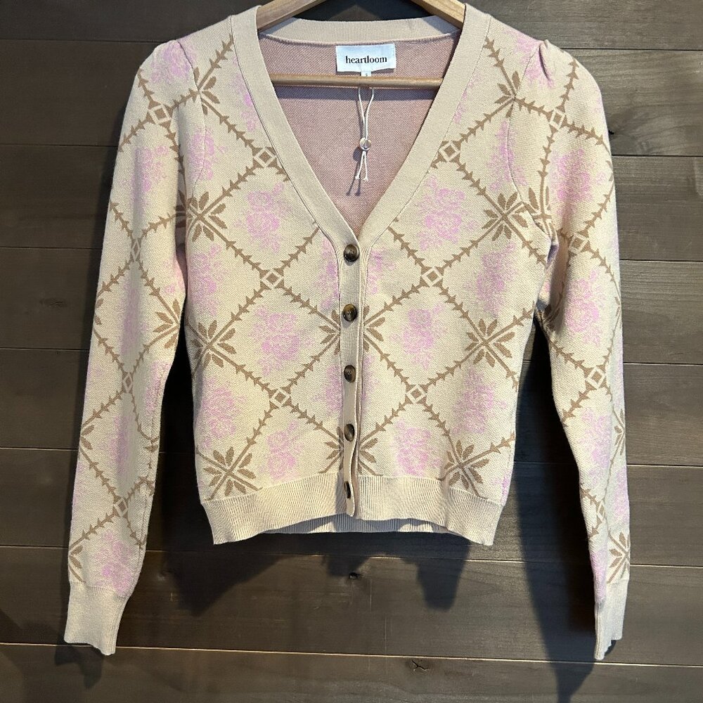 Heartloom Pink and Tan Diamond-Print V-Neck Cardigan Sweater